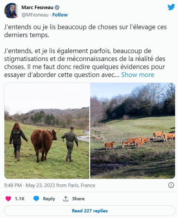 Le ministre de l'Agriculture et de la Sécurité alimentaire, Marc Fesneau, a publié un long message sur Twitter